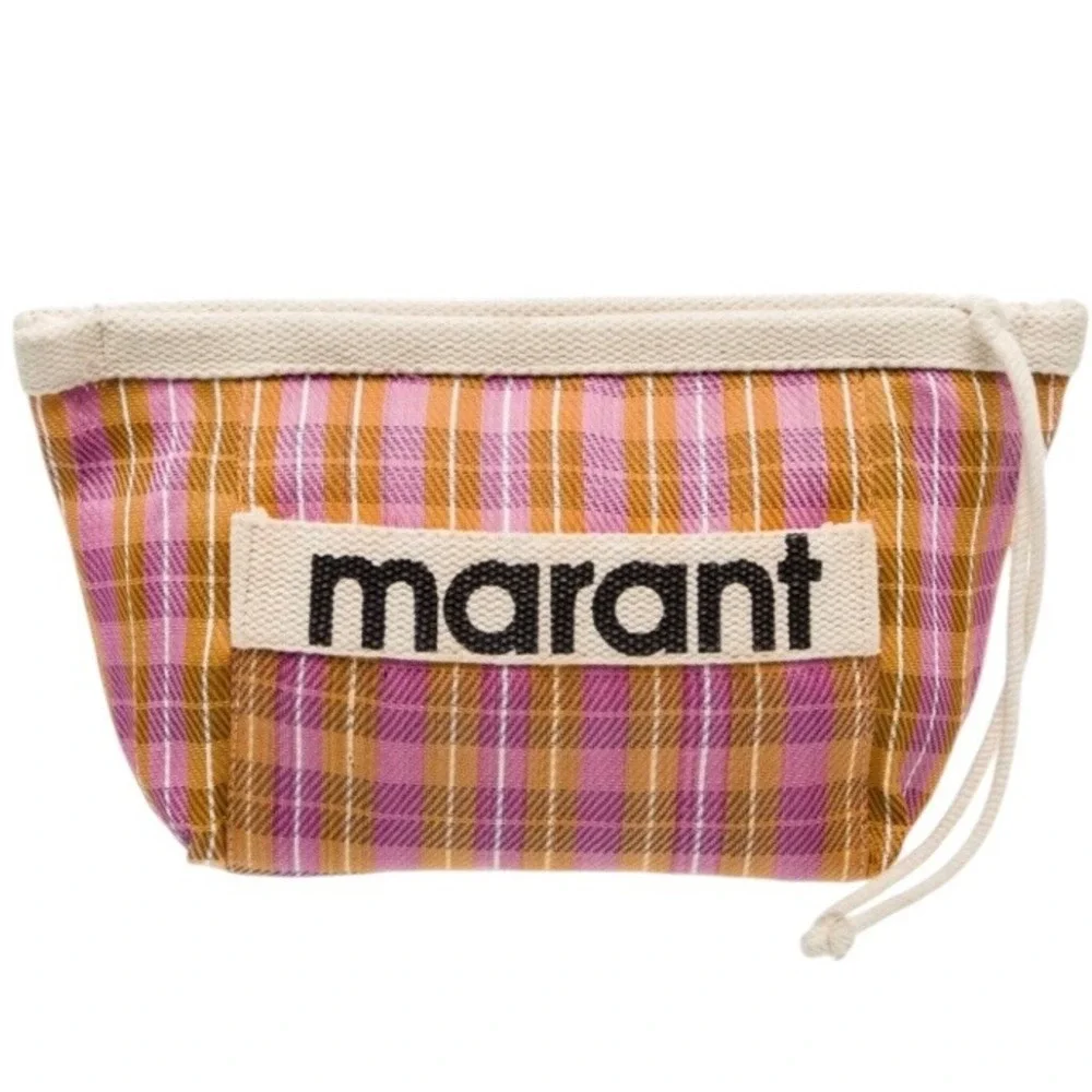 Isabel Marant Yenky Pouch Pink Orange Plaid Woven Logo Drawstring Clutch Bag